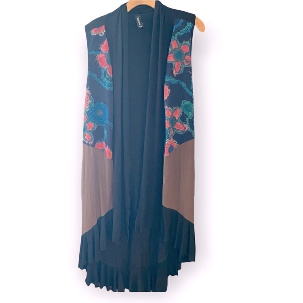 Sacred Threads S/M Black Teal BOHO Floral Fabric Lagenlook Sleeveless Duster